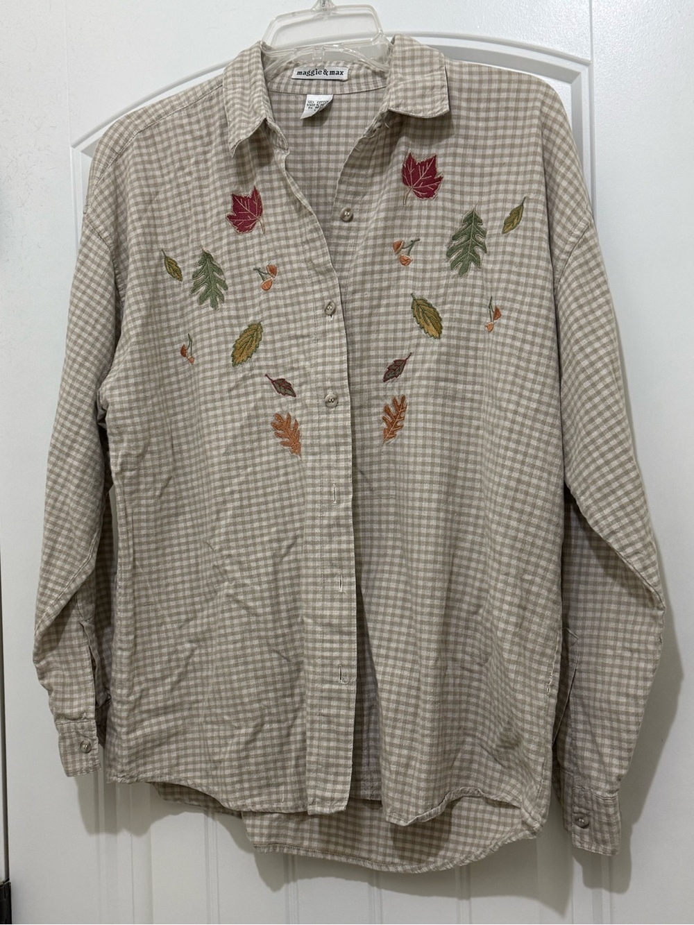 Maggie & Max Brown Gingham Embroidered Autumn Fall Leaves Shirt - Womens Large